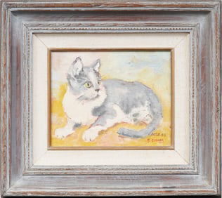 Mae Connor Signed Vintage American Impressionist Cat Portrait Framed Original Oil Painting