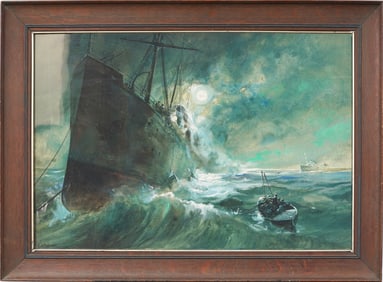 William Louis Sonntag, Jr. (1869 - 1898) Antique American Moonlit Seascape Sinking Ship Painting