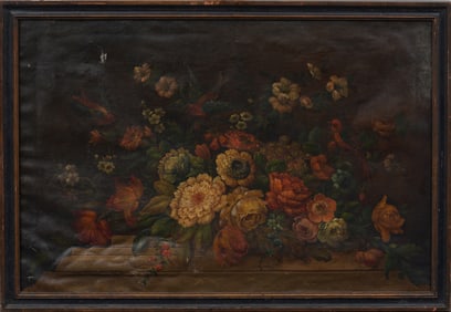 Antique or Vintage European Old Master Style Large Flower Still Life Framed Oil Painting