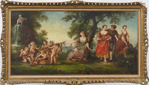 Large Framed Antique European Belle Epoque French Figural Landscape Original Oil Painting