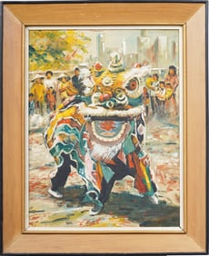 Vintage Asian Parade Street Scene Impressionist Original Oil Painting