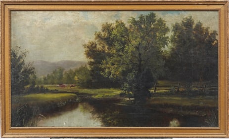 Antique American Hudson River School Cow Grazing Landscape Framed Original Oil Painting