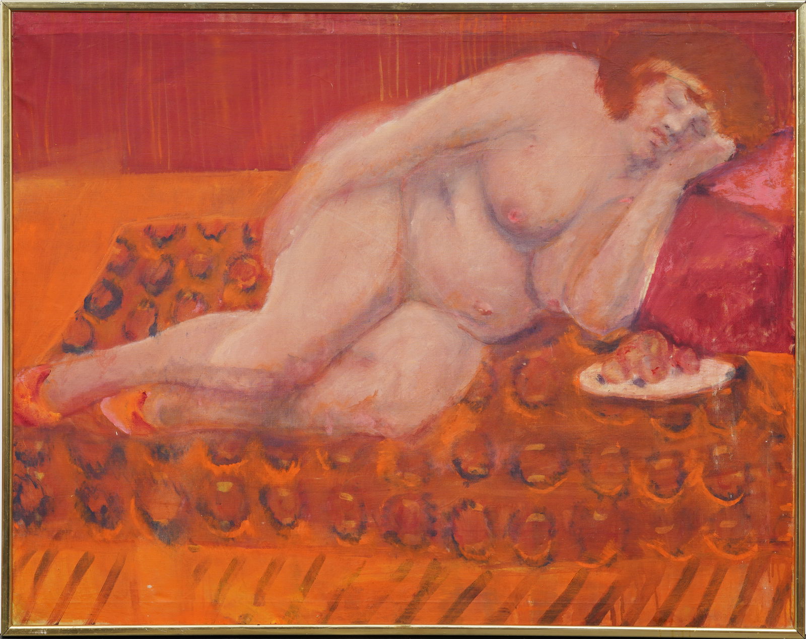 Large Vintage American School Modernist "Sleeping and Snacking" Nude Woman Portrait Oil Painting: Vintage American modernist nude portrait oil painting. Oil on canvas. Framed. Measuring: 41 by 51 inches overall, and 40 by 50 painting alone. Please see all images for condition. Size is measured and
