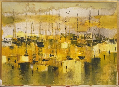 Monumental Vintage American Modernsit "Gold Boats" Signed Framed Original Oil Painting