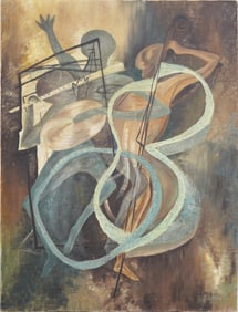 Large Vintage American Modernist Cubist Musical Portrait Signed 1964 Original Oil Painting