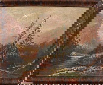 Vintage Western American School Mountain Valley Landscape Framed Original Oil Painting