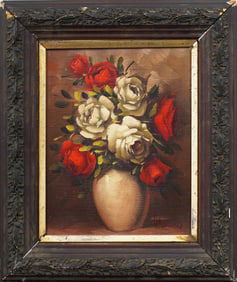 Vintage American Modernist Flower Still Life Red Roses Framed Signed Original Oil Painting