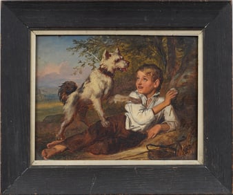 Antique American Young Boy and Dog Portrait Framed Landscape Illustration Original Oil Painting