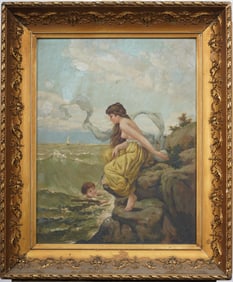 Antique European Impressionist Framed Seascape "Swimming Lesson" Original Oil Painting