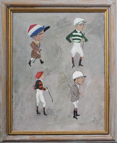 Vintage American School Modernist Horse Jockey Portrait Polo Club Framed Oil Painting