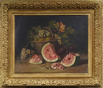 Antique French Watermelon Fruit Still Life Signed Barbizon Frame Oil Painting