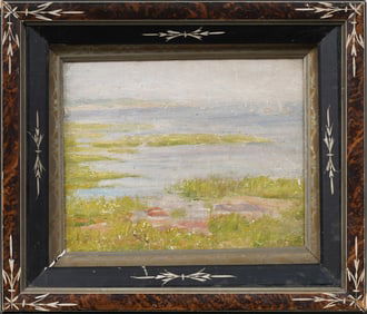 Antique American Impressionist Marsh Landscape Framed Original Oil Painting