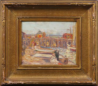 Antique American Impressionist Beach Scene Newcomb Macklin Frame Original Oil Painting