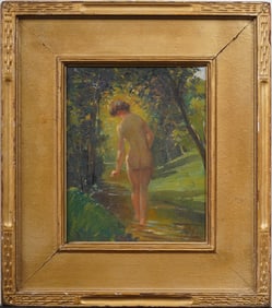 Antique American School Impressionist Nude Bather Forest Scene Nicely Framed Signed Oil Painting