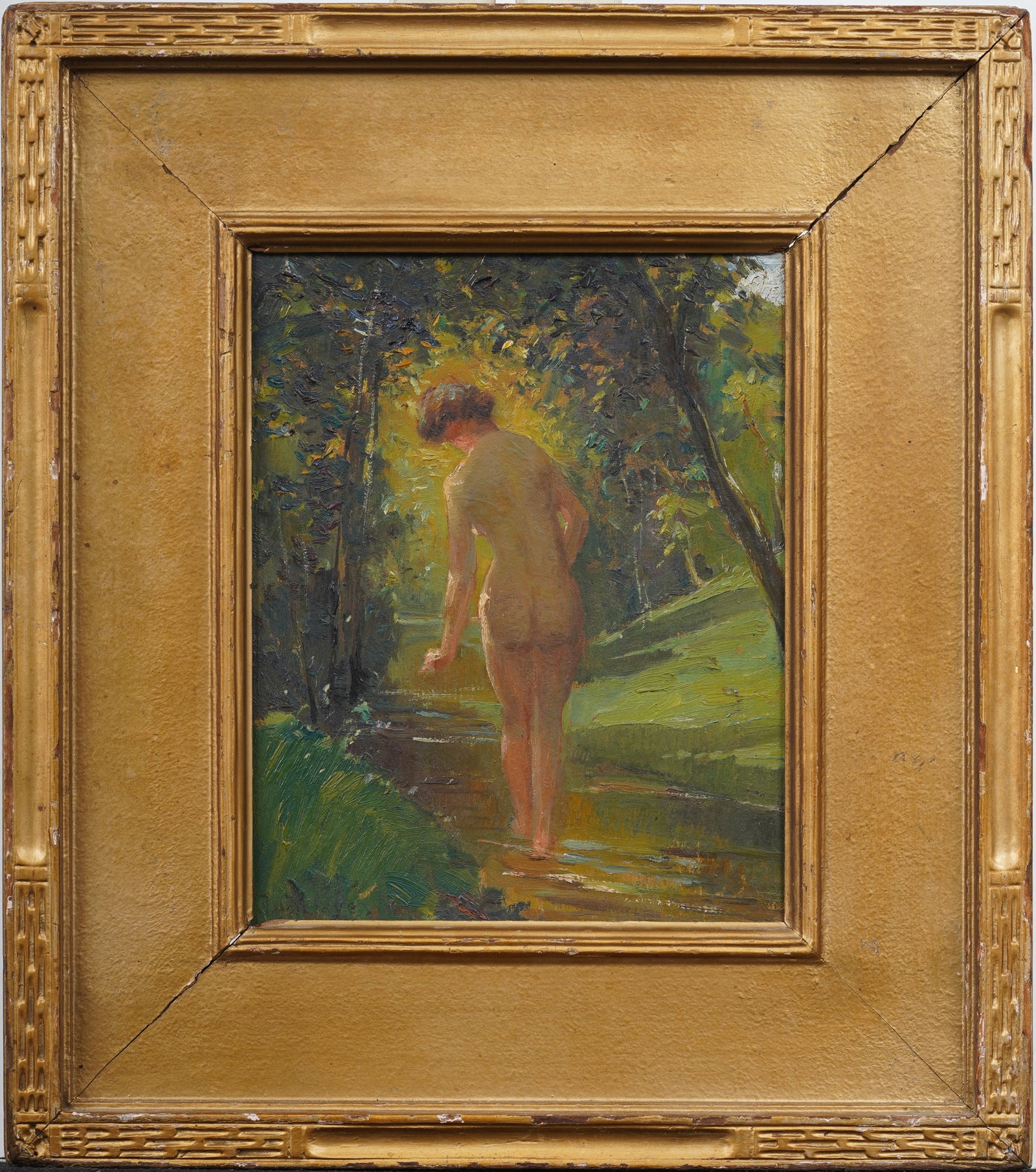 Antique American School Impressionist Nude Bather Forest Scene Nicely Framed Signed Oil Painting: Antique American impressionist nude portrait oil painting. Oil on board. Signed illegibly. Framed. Measuring: 14 by 16 inches overall, and 8 by 10 painting alone. Please see all images for condition. 