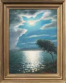 Signed Vintage European Impressionist Moonlit Coastal Seascape Framed Original Oil Painting