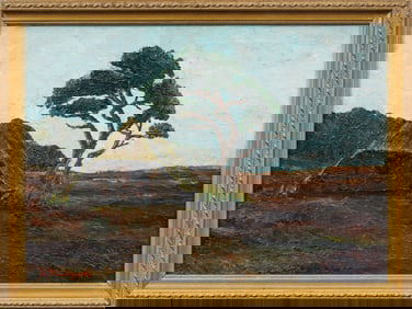 Antique Signed European Impressionist Framed Farm Scene Landscape Oil Painting