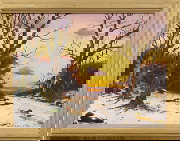 Signed 1919 Antique European Winter Sunset Framed Landscape Original Oil Painting
