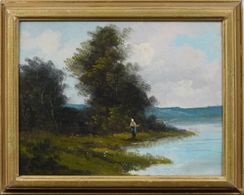 Antique French Barbizon School Signed River Landscape Framed Oil Painting