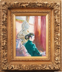 Vintage American Impressionist Museum Interior Woman Portrait Framed Original Signed Oil Painting