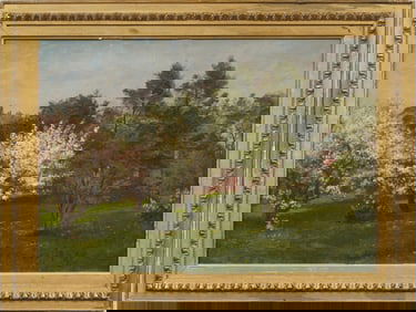 Vintage or Antique American Impressionist Cherry Blossom Landscape Framed Original Oil Painting