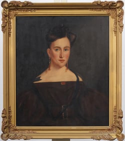 Antique American School Elegant Young Woman Portrait Framed 19th Century Original Oil Painting