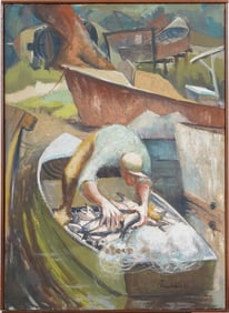 Signed Chamberlain 1960 Vintage American Fisherman Seascape Framed Original Oil Painting