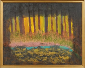 Vintage Signed Ethereal Modernist Forest Landscape Framed American School Original Oil Painting