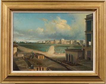 Important Vintage or Antique Indian Realist Cityscape Framed Super Detailed Oil Painting