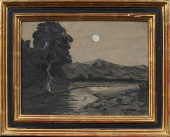 Vintage American School Moonlit Modernist Nicely Framed Landscape Original Oil Painting