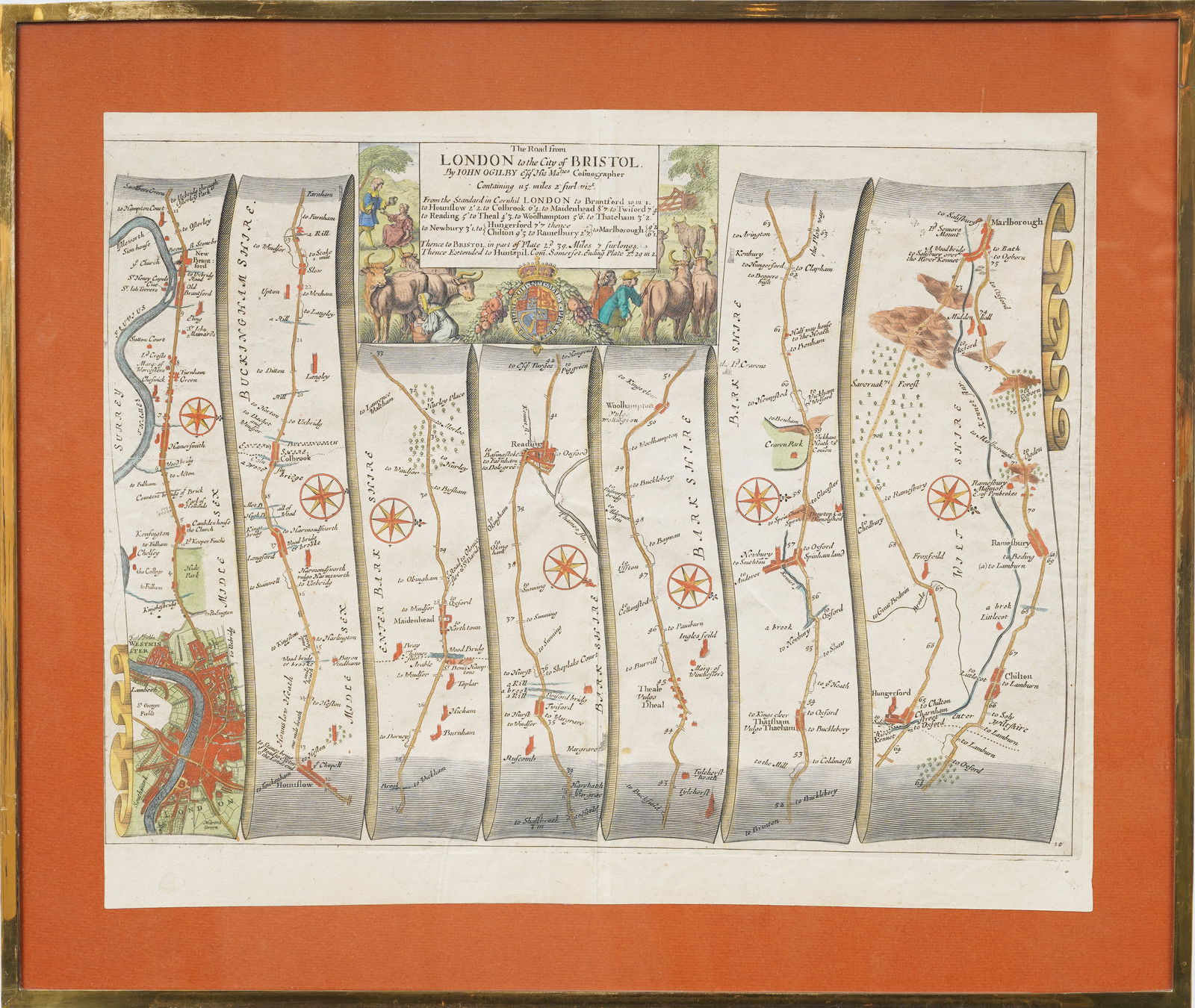 Vintage Framed Map London-Marlborough: antique road map by John Ogilby, (1 of 5)