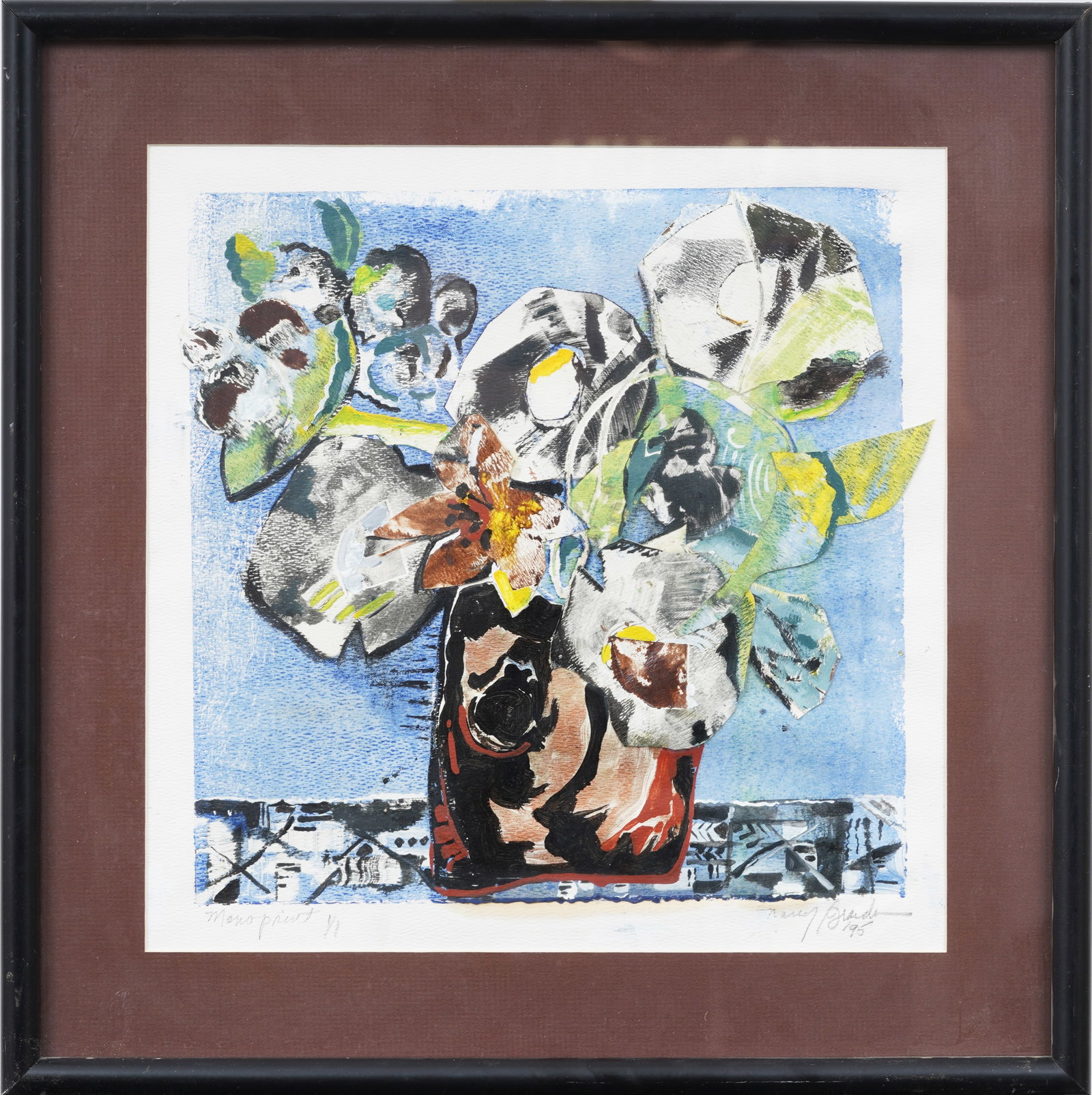 Vintage American Modernist Still Life Framed Original Monoprint: Vintage American signed print. Monoprint on paper. Signed. Framed. Measuring: 18 by 18 inches overall, and 13 by 13 image alone. Please see all images for condition. Size is measured and written on th
