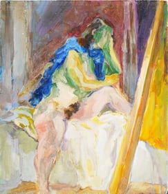 Vintage American Modernist Nude Woman Portrait Original Oil Painting
