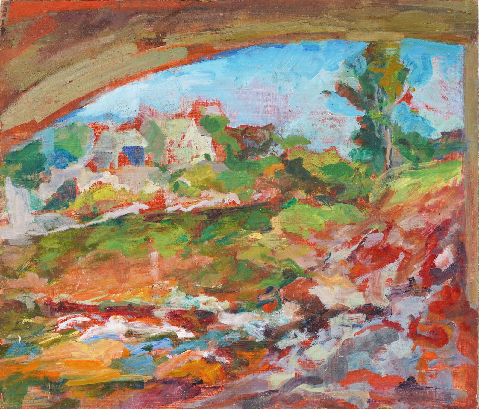 Vintage American Modernist Abstract Landscape Original Oil Painting: Vintage American modernist oil painting . Oil on canvas. Measuring: 13 1/2 by 15 1/4 inches overall. Please see all images for condition. Size is measured and written on the back of the painting. The 
