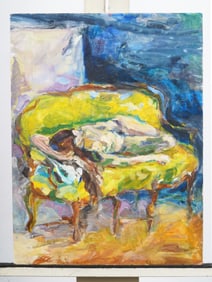 Vintage American Modernist Interior Scene Original Oil Painting