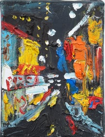 Vintage American Modernist Nocturnal Street Scene Original Oil Painting