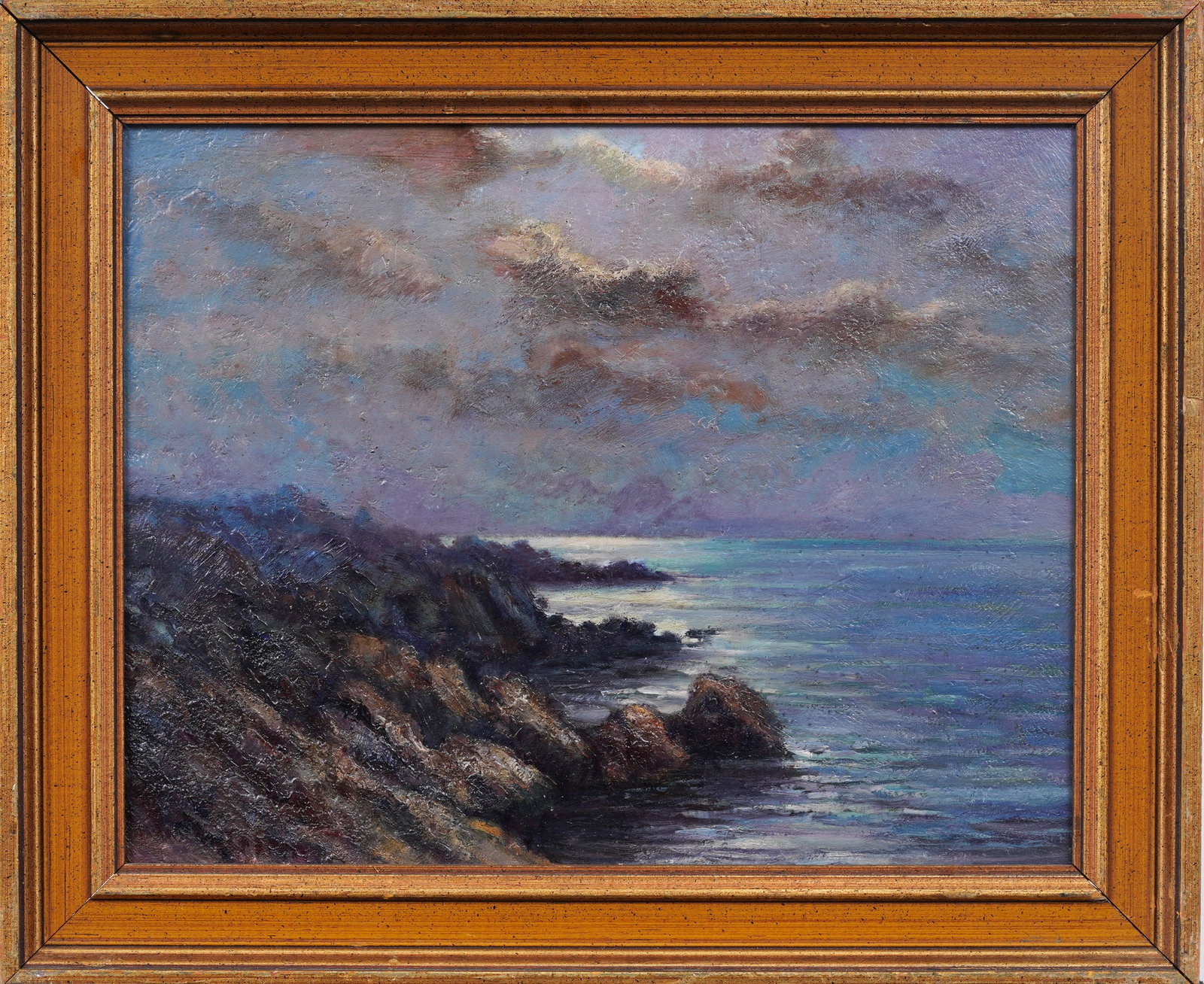 Antique American School Coastal Moonlit Seascape Framed Nocturnal Original Oil Painting: Antique American oil painting. Oil on board. Appears to be signed. Framed. Measuring: 14 by 17 inches overall, and 11 by 14 painting alone. Please see all images for condition. Size is measured and wr