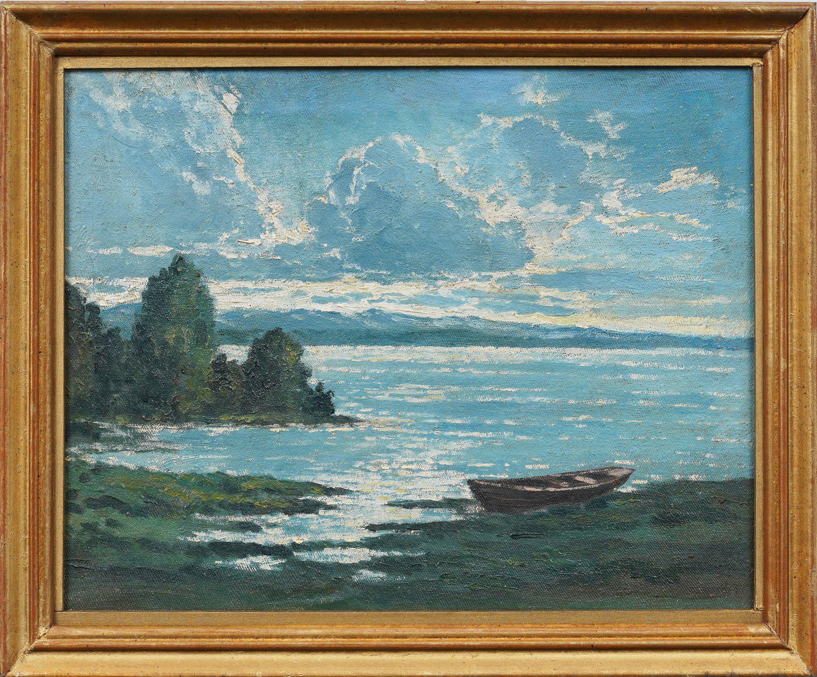 Antique European Impressionist Sunlit Lake Landscape Framed Original Oil Painting (1 of 6)