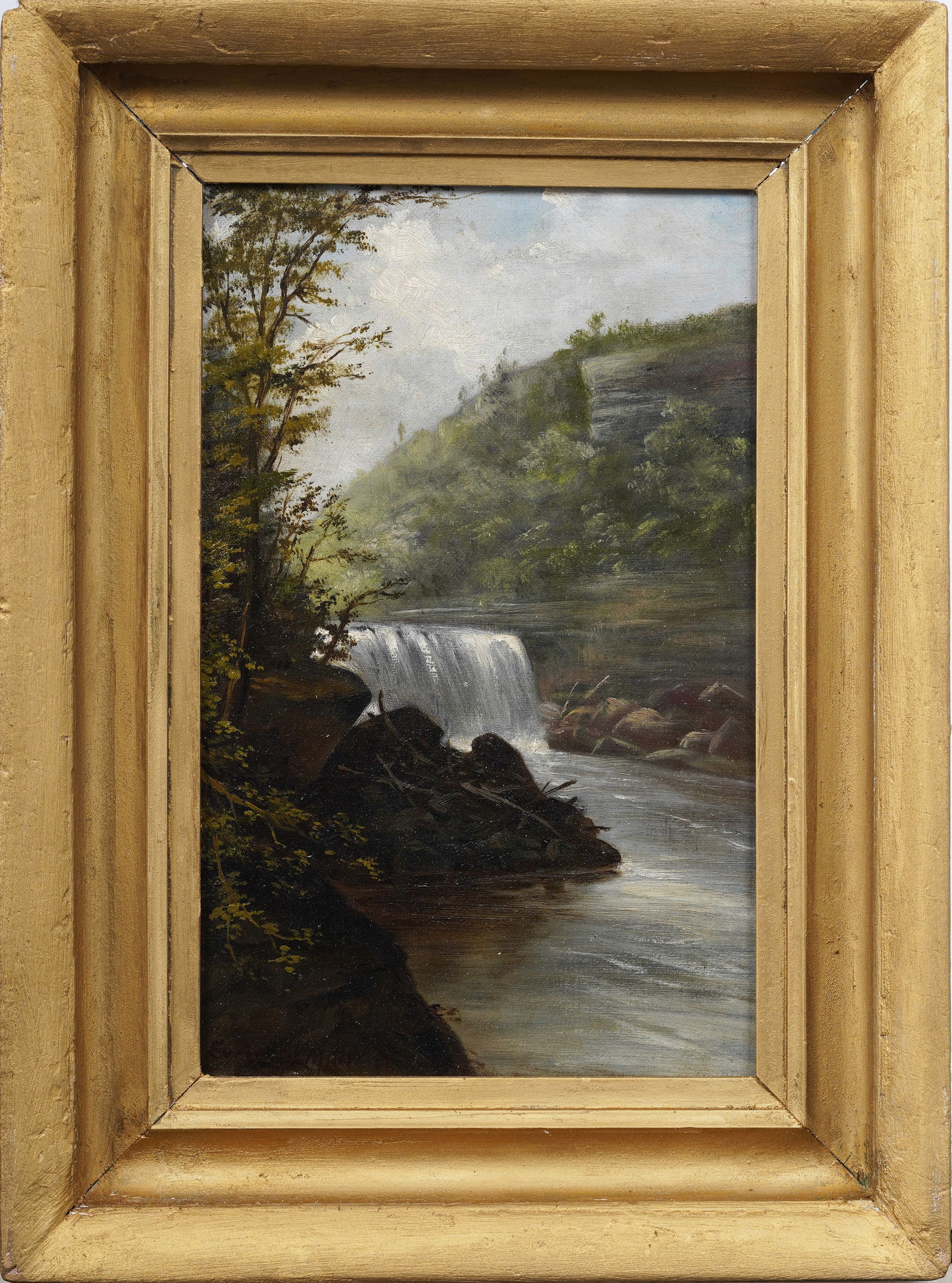 Antique American Hudson River School Waterfall Landscape Framed Original Oil Painting (1 of 5)