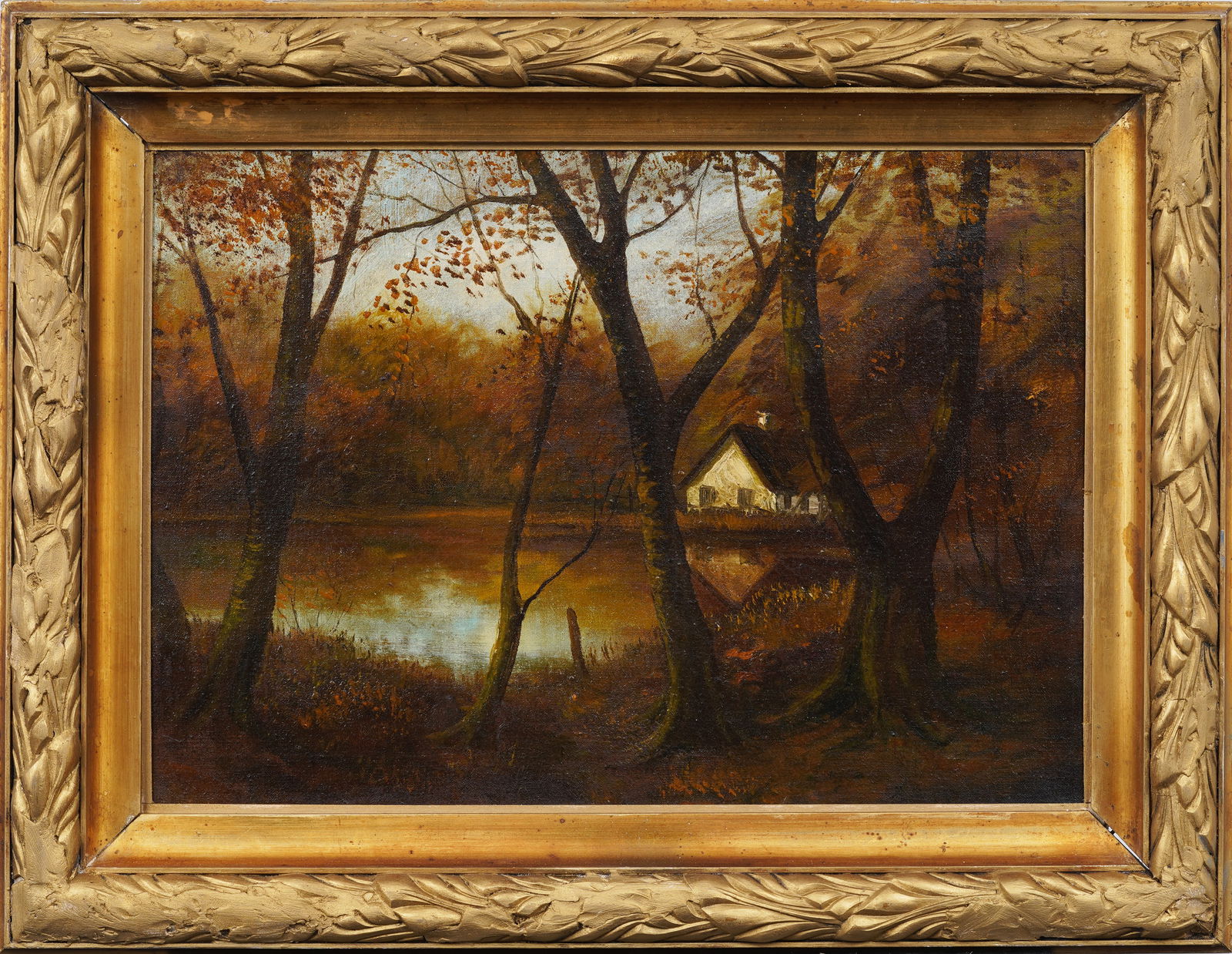 Antique American Forest Interior Lake Landscape Framed Original Oil Painting: Antique American landscape oil painting. Oil on canvas. Framed. Measuring: 19 by 24 inches overall, and 14 by 19 painting alone. Please see all images for condition. Size is measured and written on th