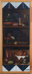 Large Signed Vintage Trompe L'Oeil Kitchen Cabinet Framed Still Life Original Oil Painting