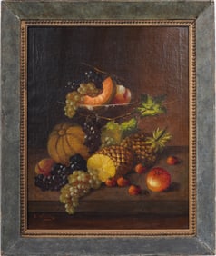 Signed Antique American or European Pineapple Fruit Still Life Framed Original Oil Painting