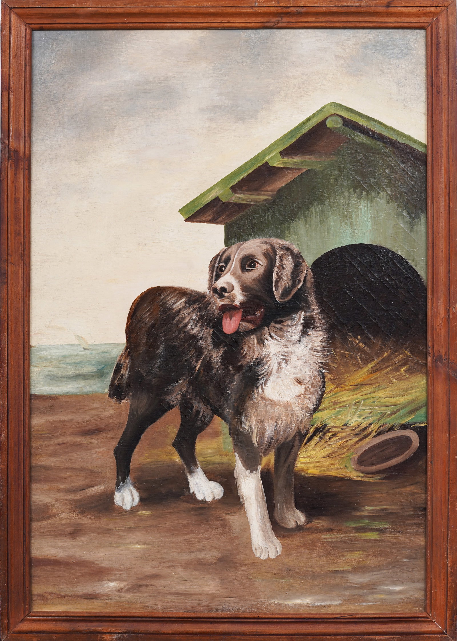 Antique French Realist Seaside Dog Portrait Framed Nantes Original Oil Painting: Antique French oil painting. Oil on canvas. Framed. Measuring: 22 by 31 inches overall, and 20 by 29 painting alone. Please see all images for condition. Size is measured and written on the back of th