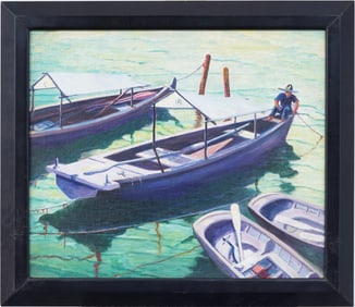 Antique American School Impressionist Beach Scene Coastal Boats Seascape Original Oil Painting