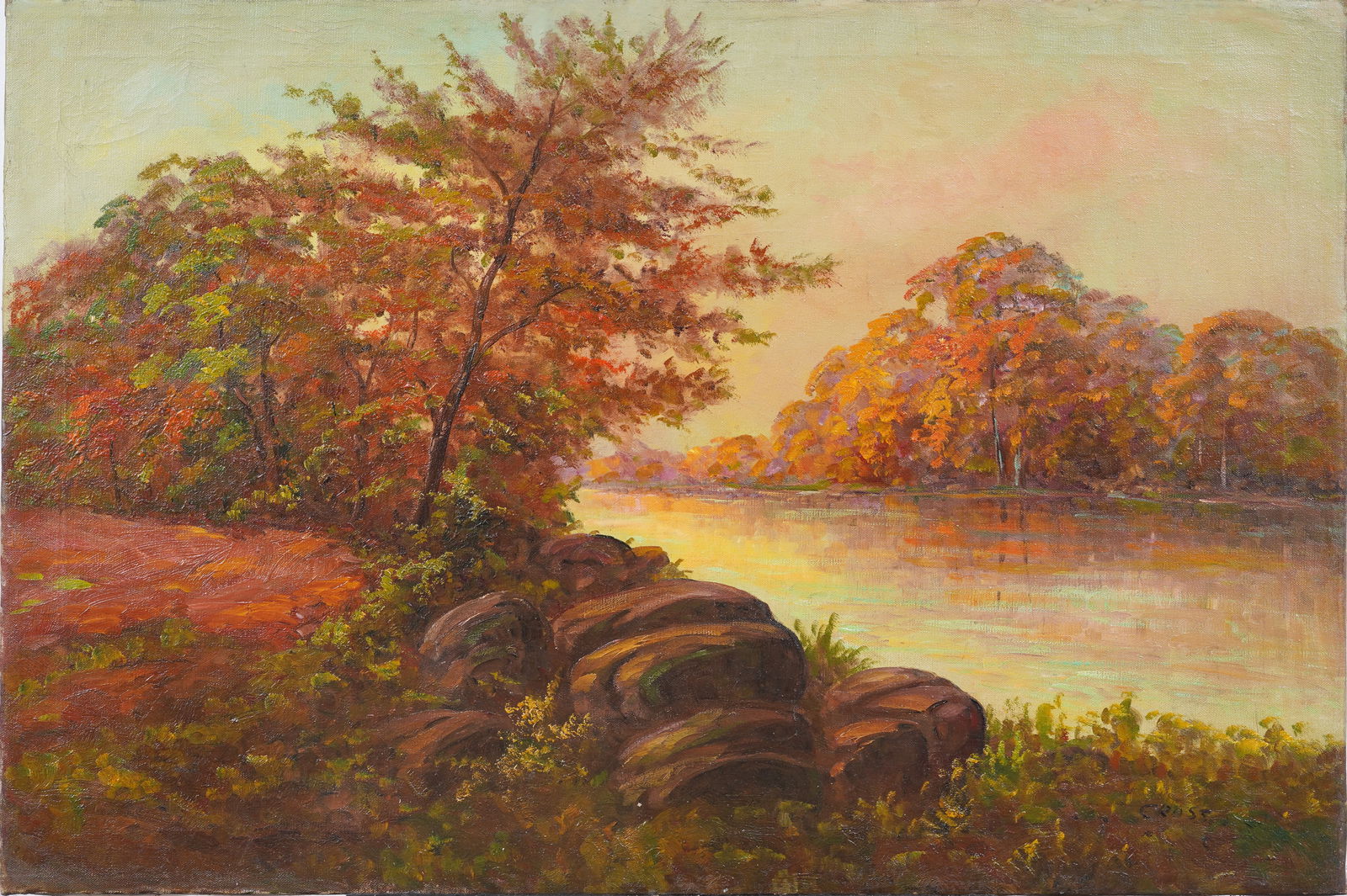 Antique American Impressionist Sunset Fall River Landscape Large Signed Original Oil Painting (1 of 6)