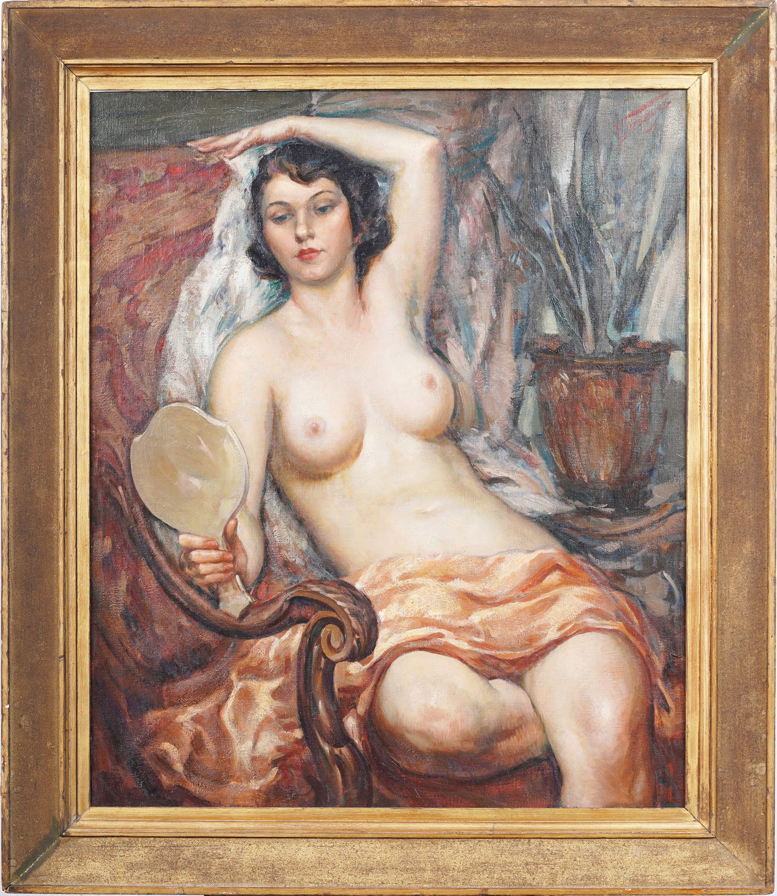 Large SIGNED Antique American Impressionist Nude Woman Portrait Framed Original Oil Painting: Antique American impressionist oil painting. Signed. Oil on canvas. Framed. Measuring: 45 by 38 inches overall, and 38 by 30 painting alone. Please see all images for condition. Size is measured and w