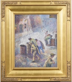 Antique American Ashcan School Street Scene Fauvist Giltwood Framed Original Oil Painting
