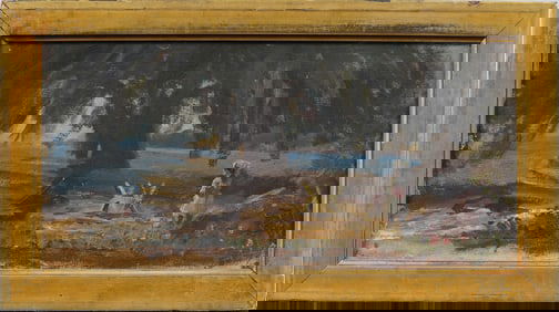 Antique American Florida Coastal Signed Seascape Palm Tree Framed Oil Painting