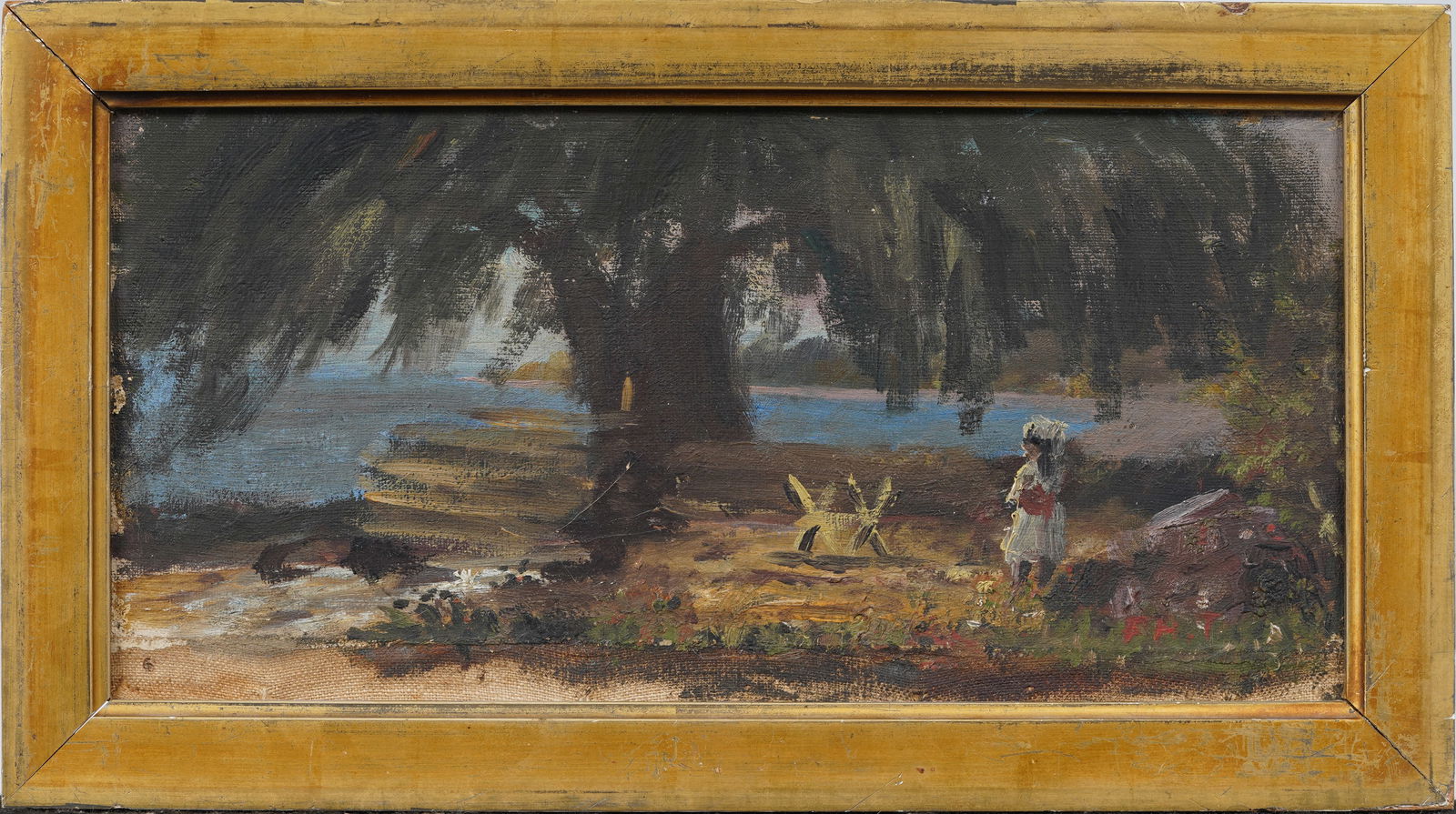 Antique American Florida Coastal Signed Seascape Palm Tree Framed Oil Painting (1 of 7)