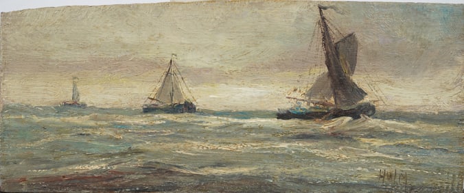 Hendrik Willem Mesdag (1831 - 1915) Antique Dutch Impressionist Sailboat Seascape Oil Painting